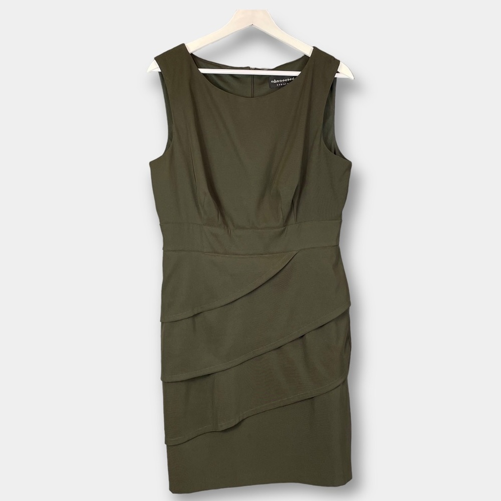 Connected Apparel Sheath Scalloped Dress Dark Olive Green Sleeveless Size 14